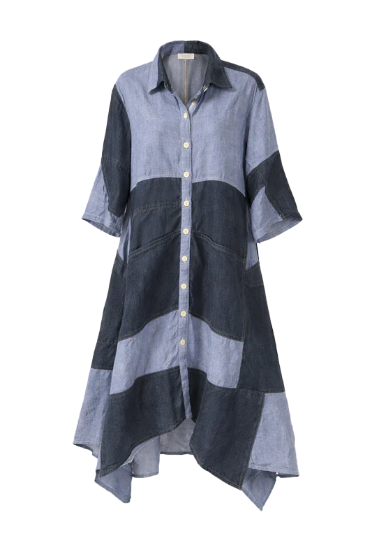 Patchwork Denim Shirt Dress Dark blue